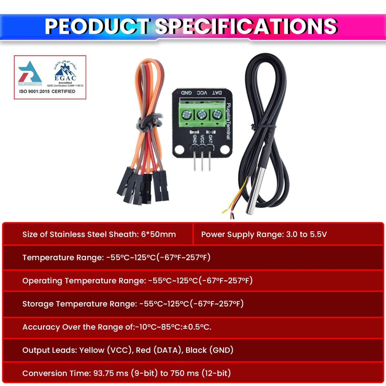 Waterproof Temperature Sensor Module Kit with Stainless Steel Probe & Terminal Adapter High-Precision Digital Sensor amiciKart