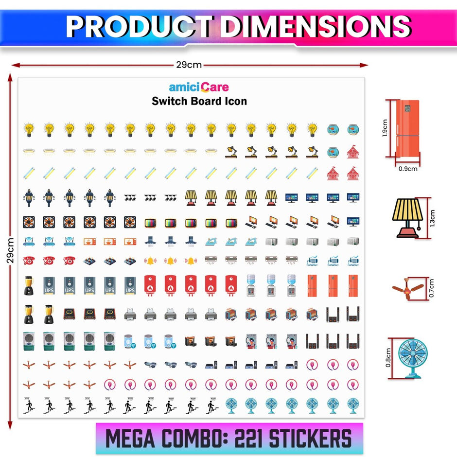 Switch Board Stickers – 42 Designs with 442 Icons, Water-Resistant Self-Adhesive Labels