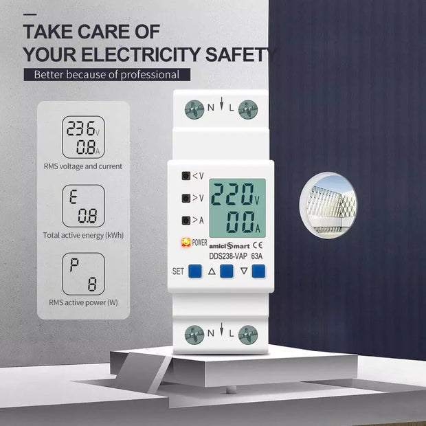 63A 230V Digital Energy Meter with Over/Under Voltage, Over Current/Load Protection