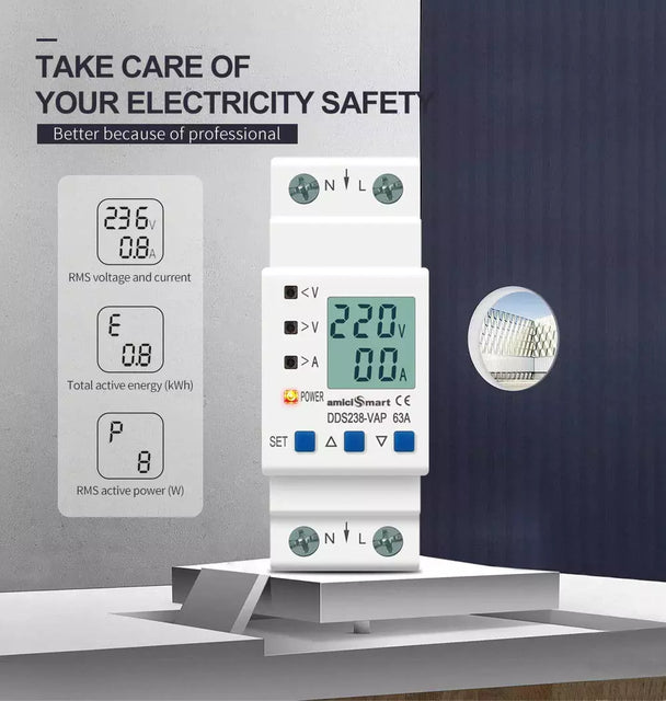 63A 230V Digital Energy Meter with Over/Under Voltage, Over Current/Load Protection