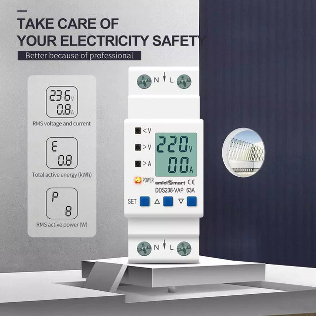 63A 230V Digital Energy Meter with Over/Under Voltage, Over Current/Load Protection