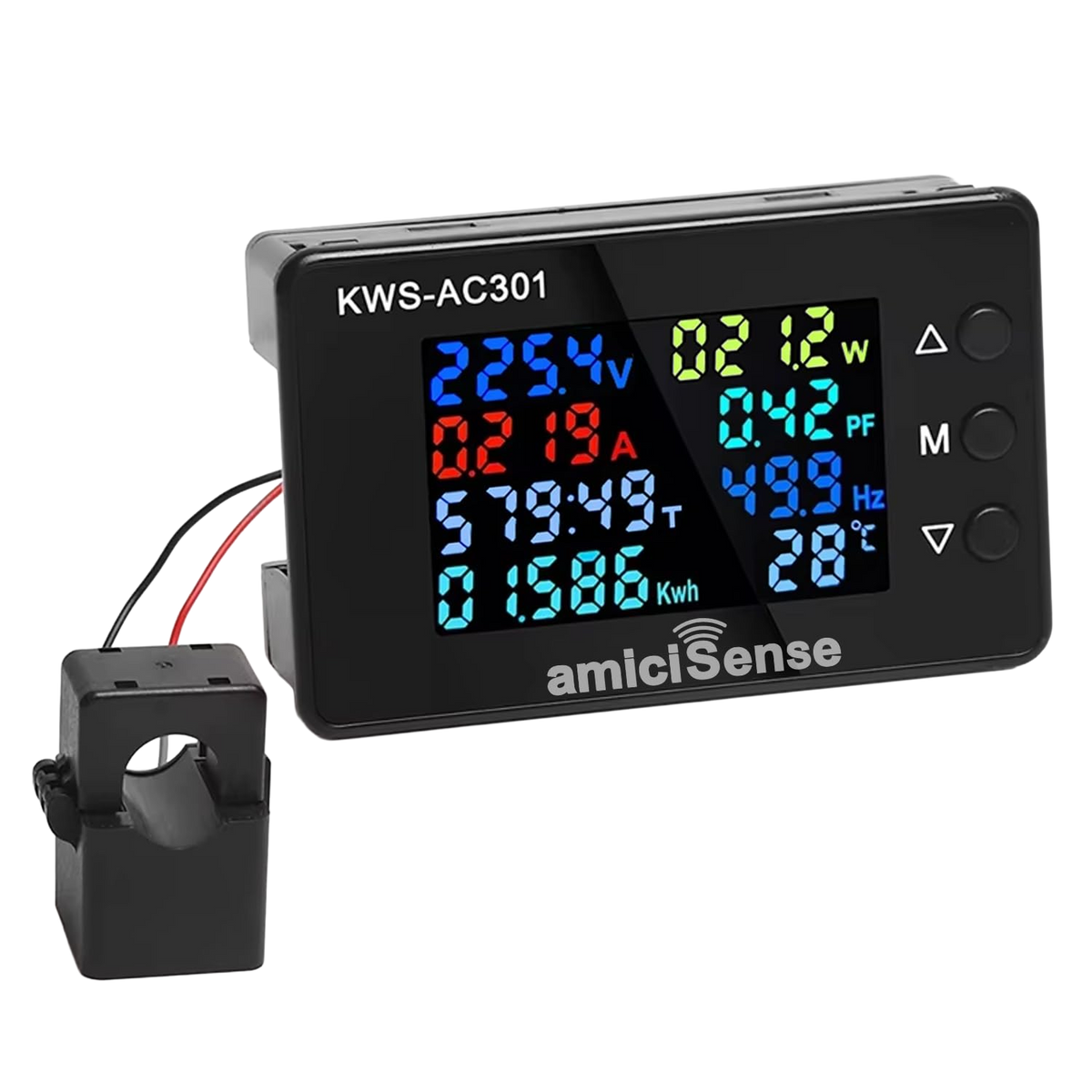 amiciSense 8 in 1 Digital Energy Meter with Open CT, 50–300VAC 100A Panel Mounted Power Monitoring Device