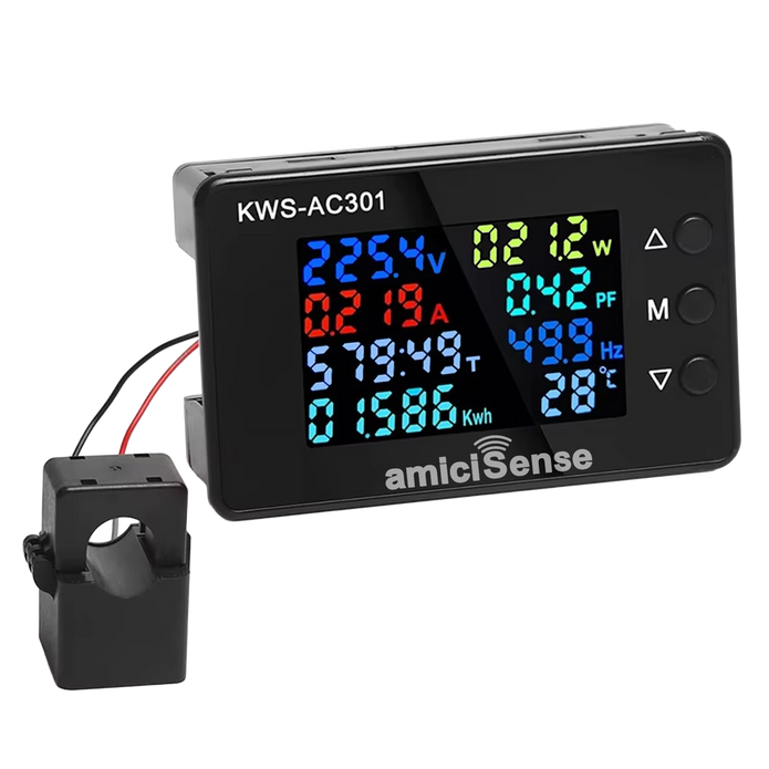 amiciSense 8 in 1 Digital Energy Meter with Open CT, 50–300VAC 100A Panel Mounted Power Monitoring Device