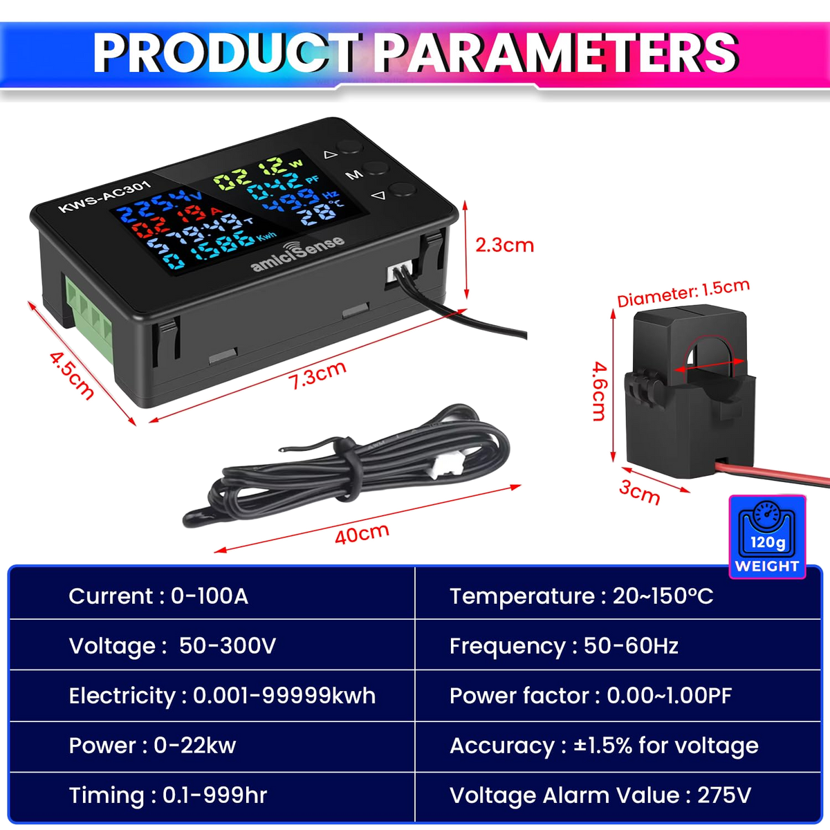 amiciSense 8 in 1 Digital Energy Meter with Open CT, 50–300VAC 100A Panel Mounted Power Monitoring Device