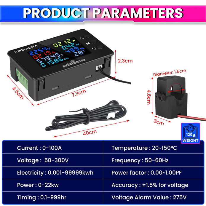 amiciSense 8 in 1 Digital Energy Meter with Open CT, 50–300VAC 100A Panel Mounted Power Monitoring Device