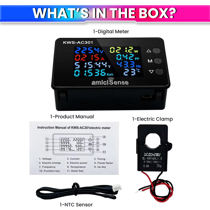 amiciSense 8 in 1 Digital Energy Meter with Open CT, 50–300VAC 100A Panel Mounted Power Monitoring Device