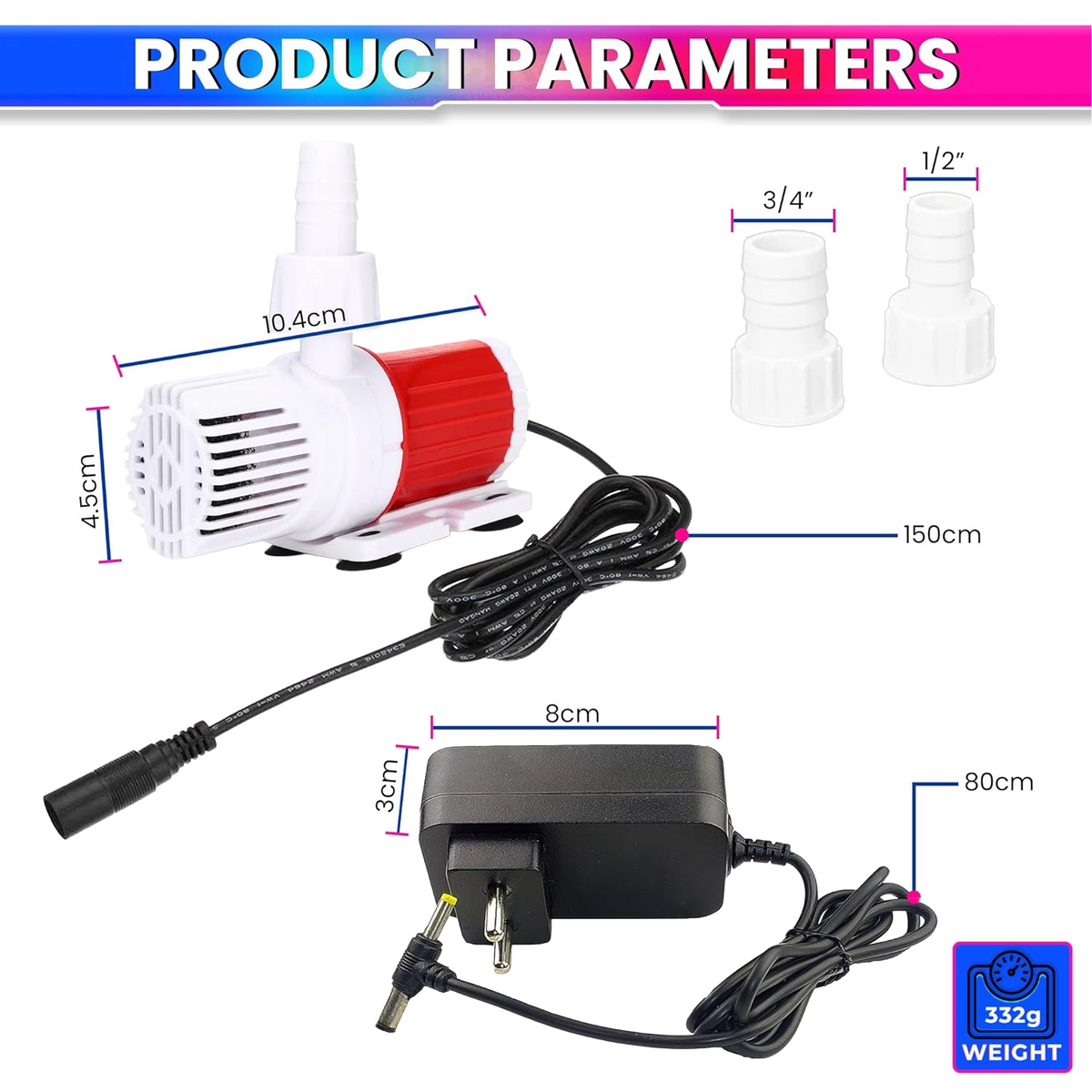 10W Submersible Water Pump – 12V DC Brushless Motor, 500 LPH Flow Rate, 3.3m Lift Height & Silent Operation