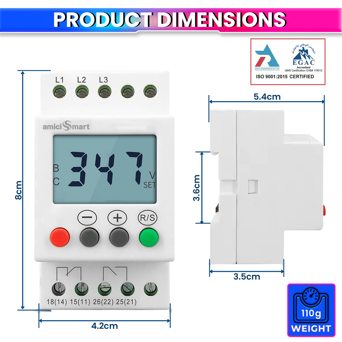 3-Phase Over/Under Voltage Protection Relay 300–500V with LCD Display