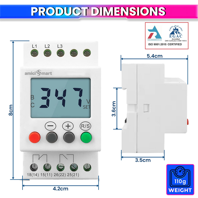 3-Phase Over/Under Voltage Protection Relay 300–500V with LCD Display