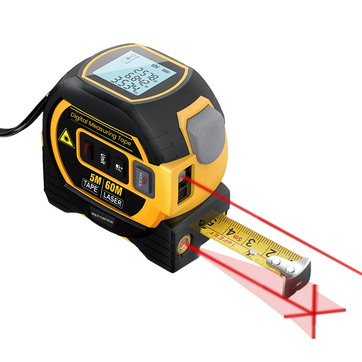 3-in-1 Laser Distance Meter 60m Range finder, 10m Cross Line Laser & 5m Self-Lock with LED Display, Auto-Lock Blade