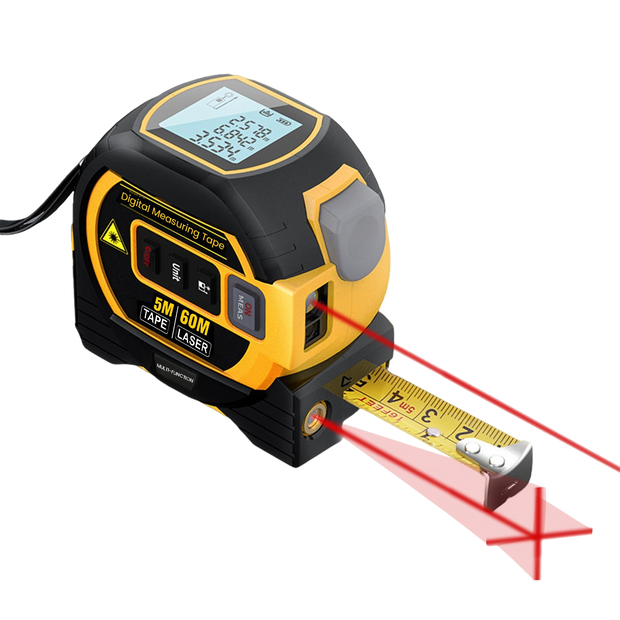 3-in-1 Laser Distance Meter 60m Range finder, 10m Cross Line Laser & 5m Self-Lock with LED Display, Auto-Lock Blade
