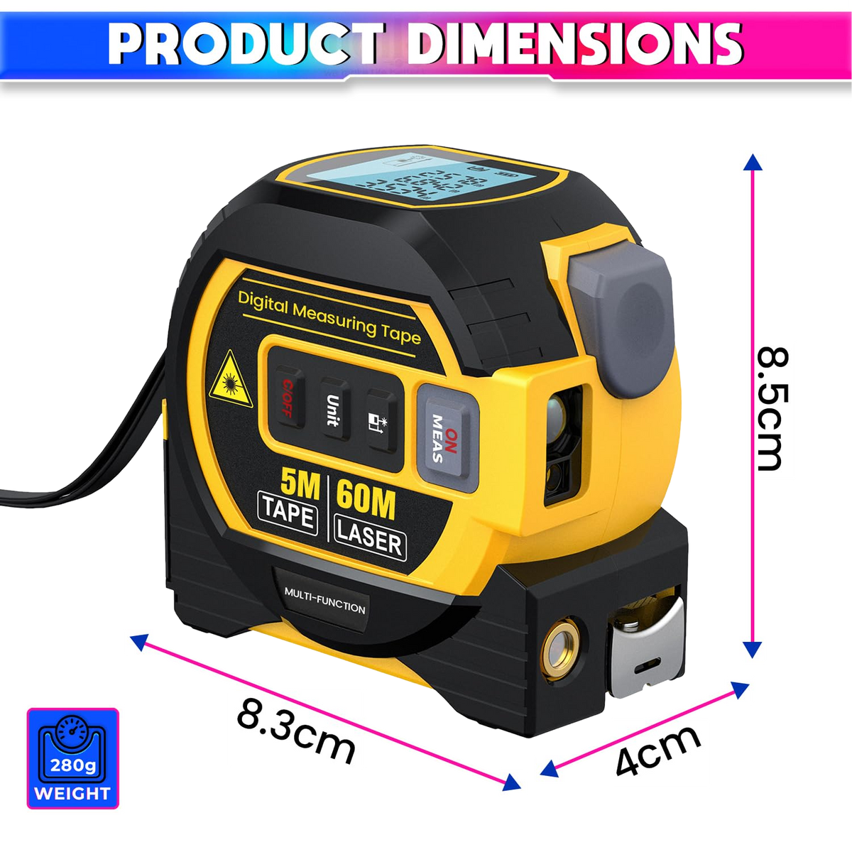 3-in-1 Laser Distance Meter 60m Range finder, 10m Cross Line Laser & 5m Self-Lock with LED Display, Auto-Lock Blade