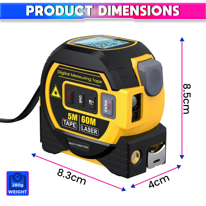 3-in-1 Laser Distance Meter 60m Range finder, 10m Cross Line Laser & 5m Self-Lock with LED Display, Auto-Lock Blade