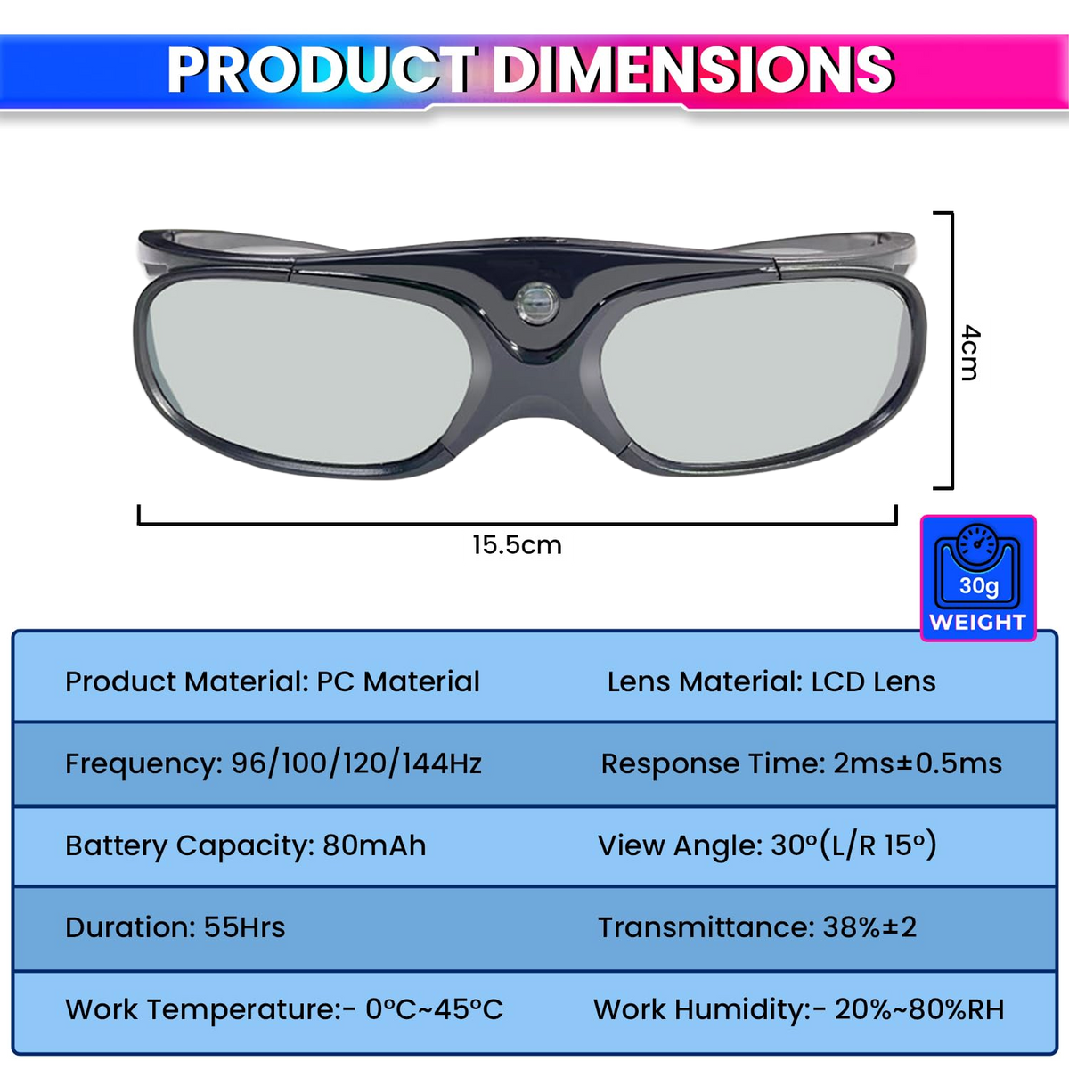 3D Glasses for DLP Link 3D Projectors, 144Hz Active Shutter 3D Eyewear