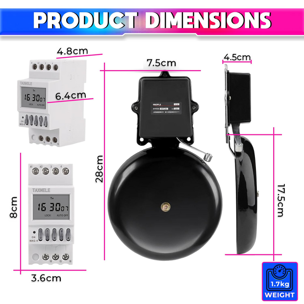 Automatic School Bell 120dB with Weekly Timer, 40 Programs & 1–99s Ring, 220V