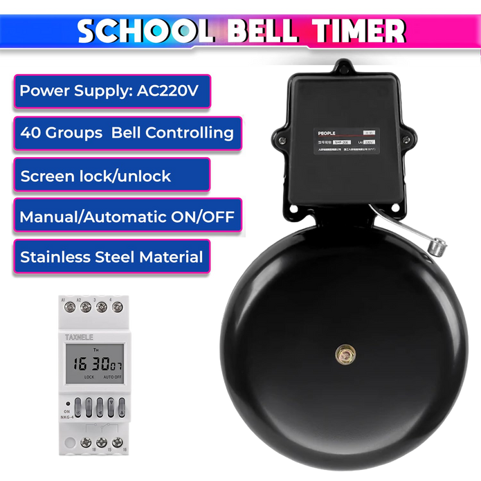 Automatic School Bell 120dB with Weekly Timer, 40 Programs & 1–99s Ring, 220V