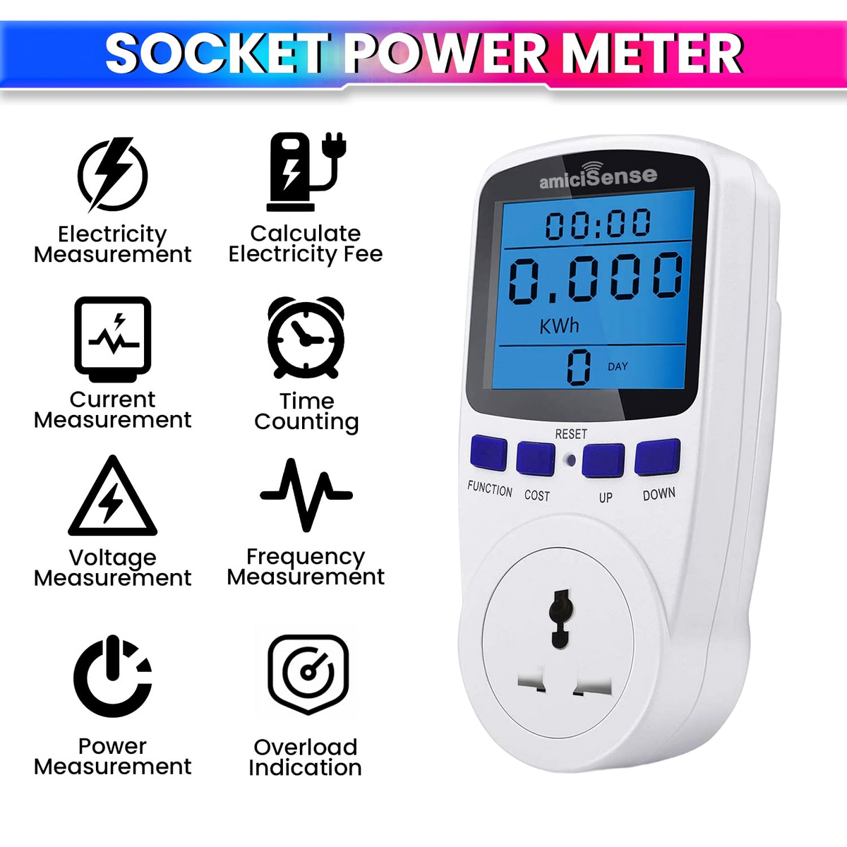 Digital Power Meter Plug – Voltage, Amps & Frequency Test & Cost Monitor 16A Capacity with Real-Time
