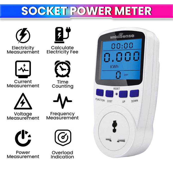 Digital Power Meter Plug – Voltage, Amps & Frequency Test & Cost Monitor 16A Capacity with Real-Time