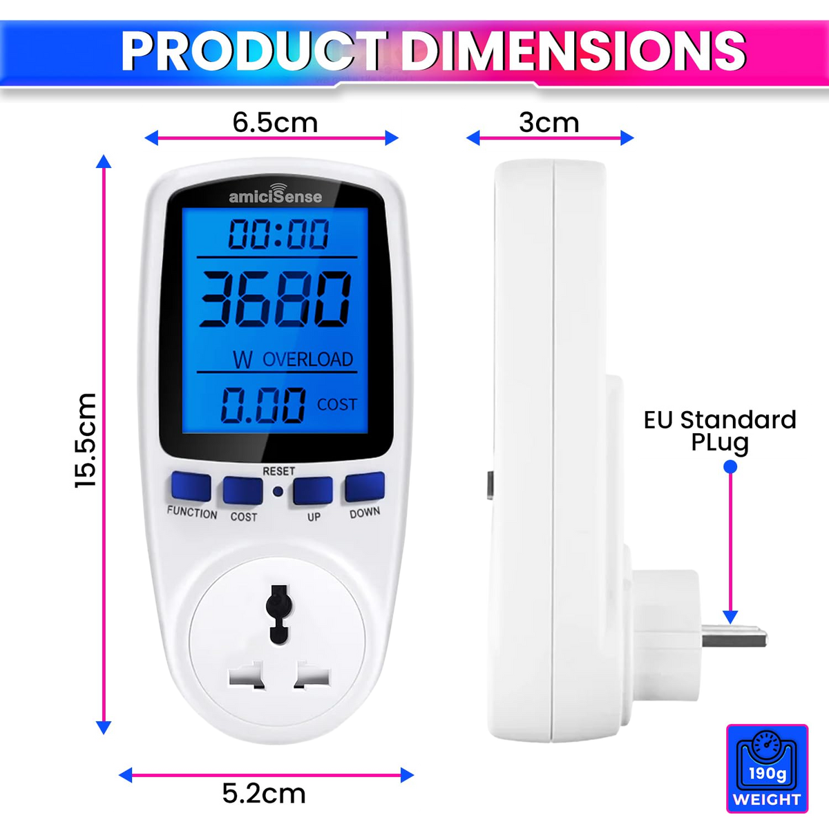 Digital Power Meter Plug – Voltage, Amps & Frequency Test & Cost Monitor 16A Capacity with Real-Time