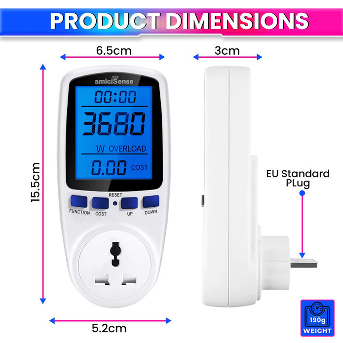 Digital Power Meter Plug – Voltage, Amps & Frequency Test & Cost Monitor 16A Capacity with Real-Time
