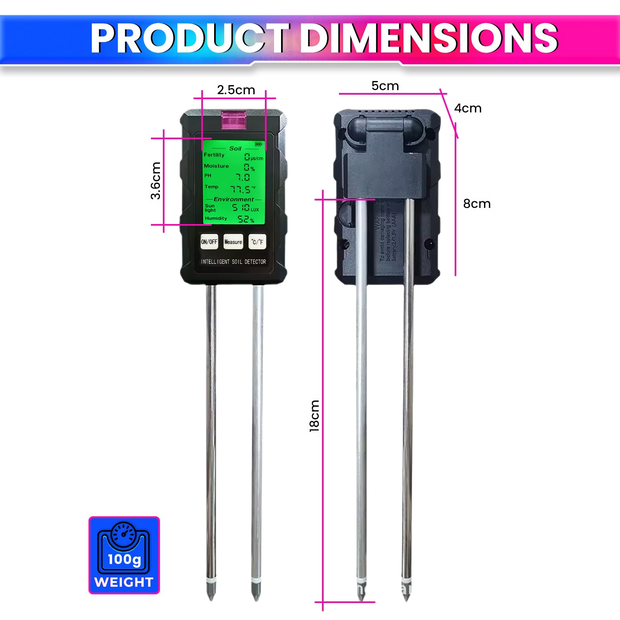 6-in-1 Soil Tester – Dual 180mm Probes -pH, Moisture, Temp, Fertility, Humidity & Sunlight Analyzer