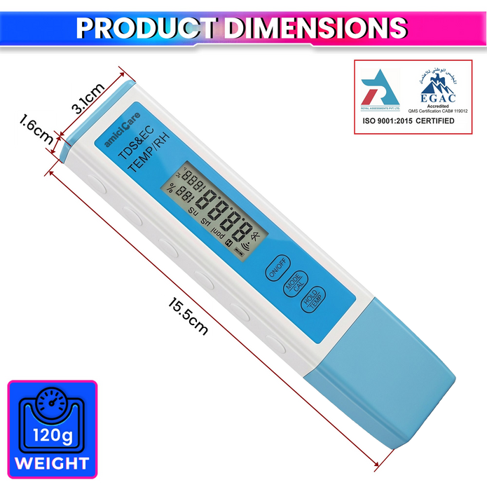 4-in-1 Bluetooth Water Quality Tester | Digital TDS & EC Meter with Temp & Humidity Monitoring | App Connected