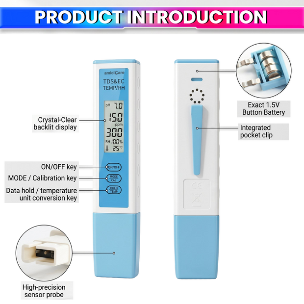 4-in-1 Bluetooth Water Quality Tester | Digital TDS & EC Meter with Temp & Humidity Monitoring | App Connected