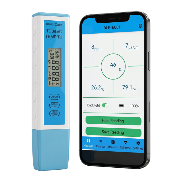 4-in-1 Bluetooth Water Quality Tester | Digital TDS & EC Meter with Temp & Humidity Monitoring | App Connected