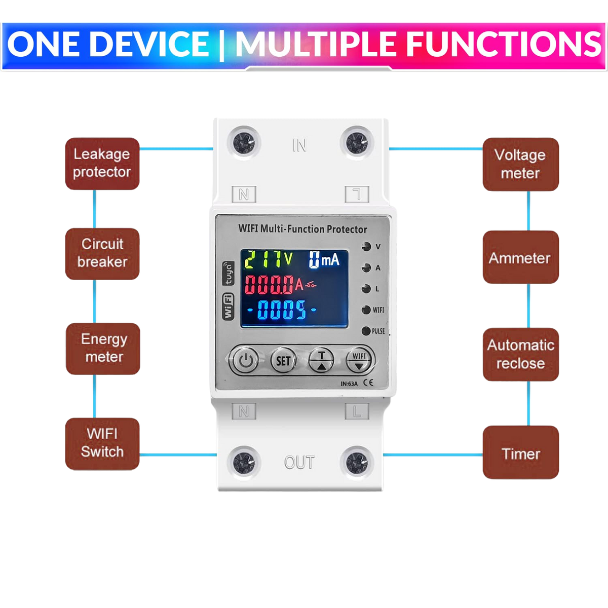 Wi-Fi Smart Energy Meter Over/Under Voltage, Overload & Leakage Protection with Real-Time Monitoring Din Rail Mount
