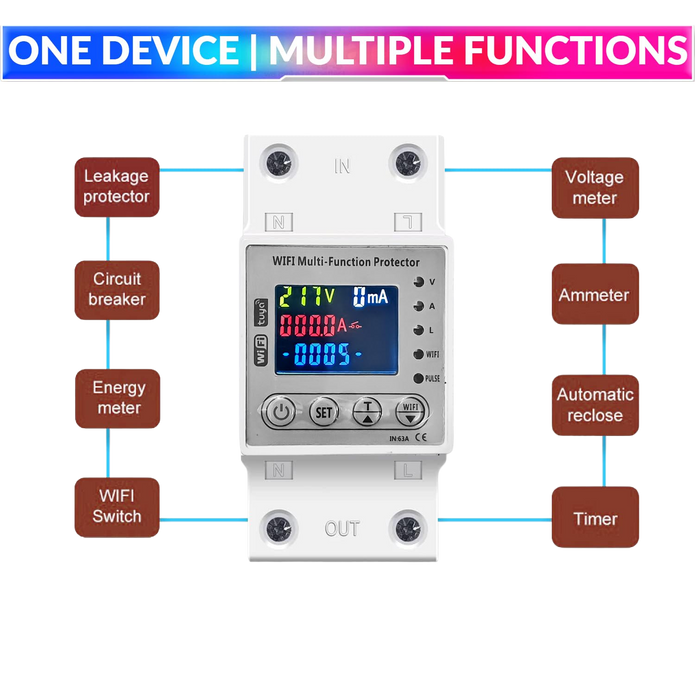 Wi-Fi Smart Energy Meter Over/Under Voltage, Overload & Leakage Protection with Real-Time Monitoring Din Rail Mount