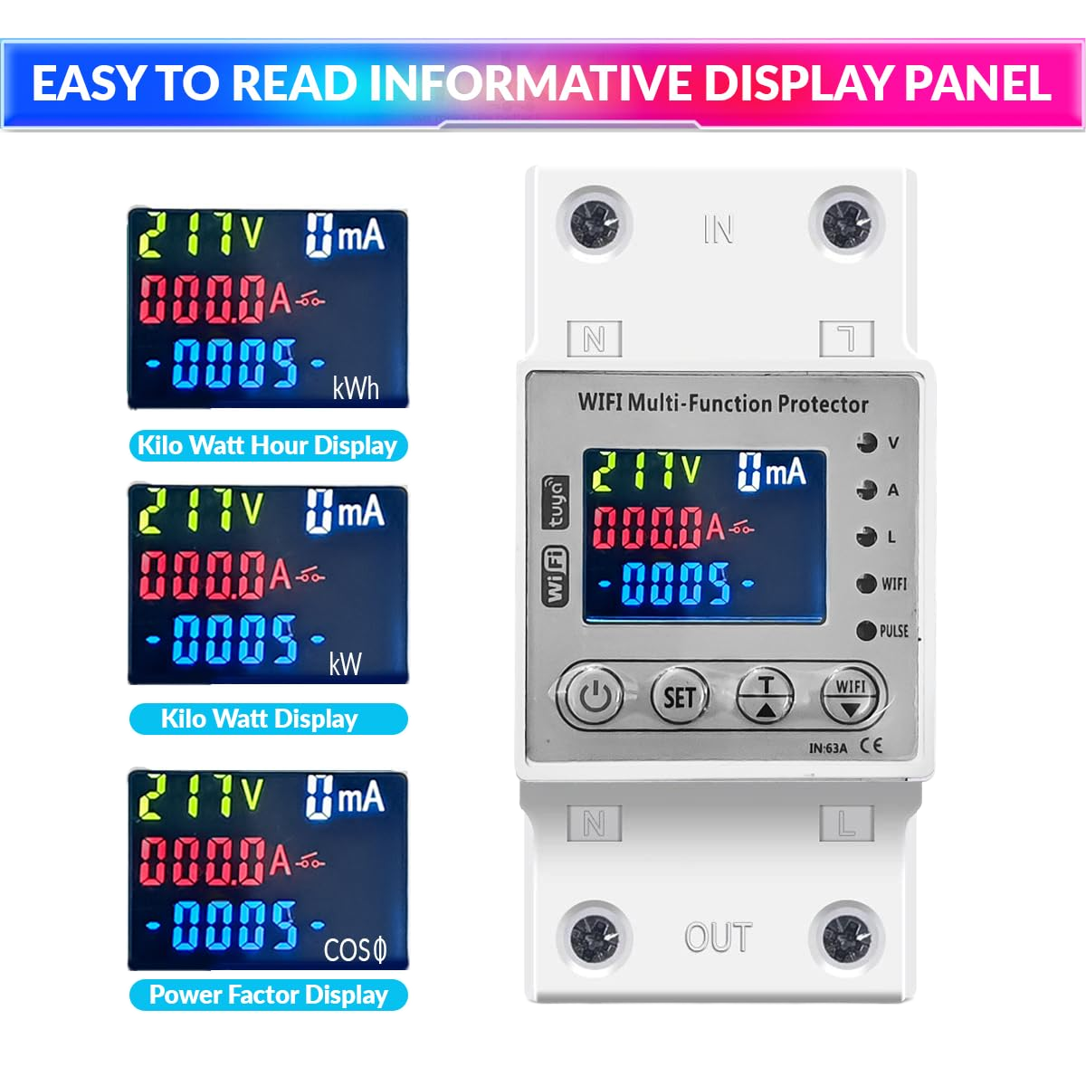 Wi-Fi Smart Energy Meter Over/Under Voltage, Overload & Leakage Protection with Real-Time Monitoring Din Rail Mount