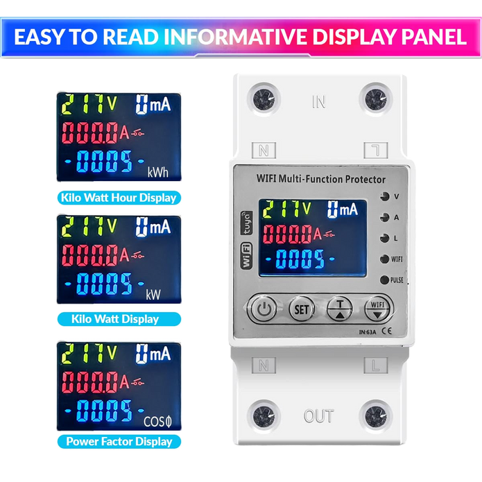 Wi-Fi Smart Energy Meter Over/Under Voltage, Overload & Leakage Protection with Real-Time Monitoring Din Rail Mount