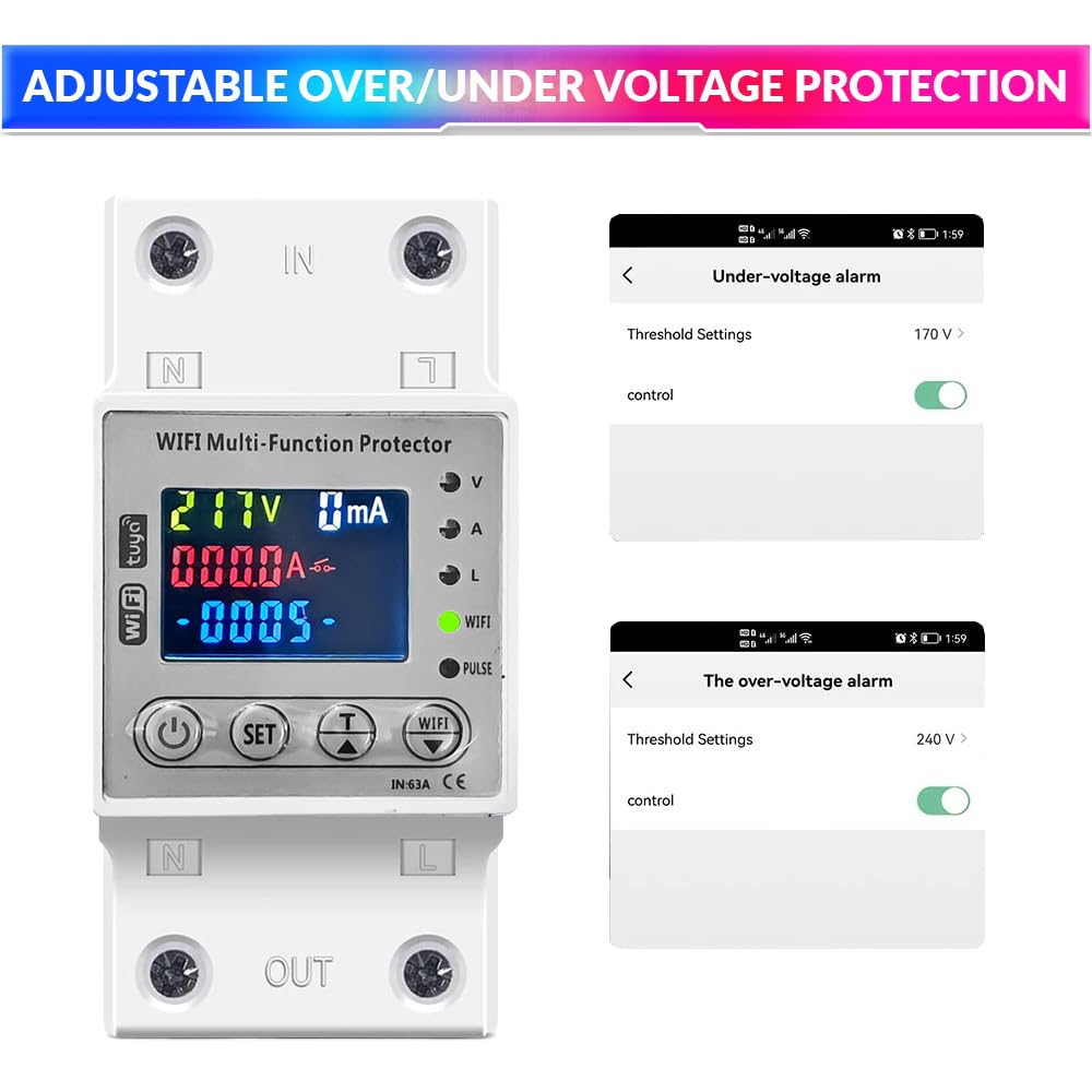 Wi-Fi Smart Energy Meter Over/Under Voltage, Overload & Leakage Protection with Real-Time Monitoring Din Rail Mount