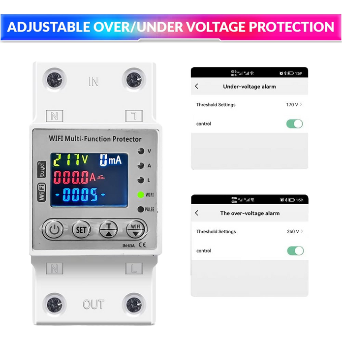 Wi-Fi Smart Energy Meter Over/Under Voltage, Overload & Leakage Protection with Real-Time Monitoring Din Rail Mount