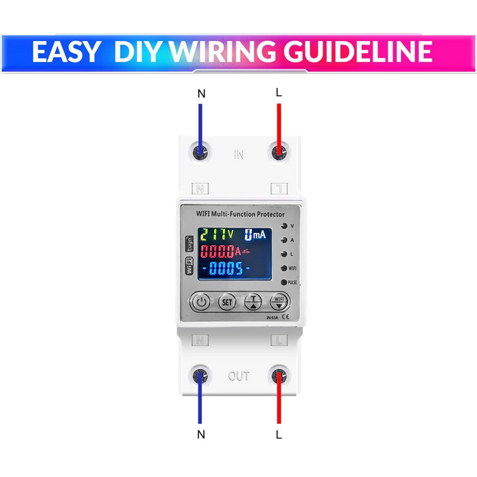 Wi-Fi Smart Energy Meter Over/Under Voltage, Overload & Leakage Protection with Real-Time Monitoring Din Rail Mount