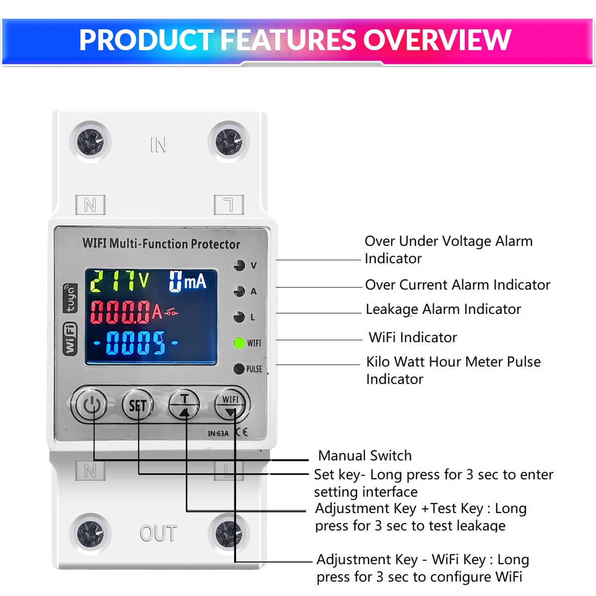 Wi-Fi Smart Energy Meter Over/Under Voltage, Overload & Leakage Protection with Real-Time Monitoring Din Rail Mount