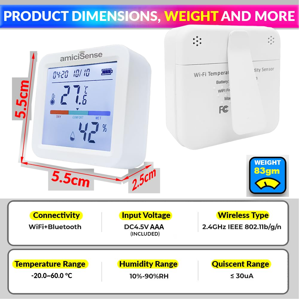 WiFi Temperature & Humidity Sensor – Smart Thermometer Hygrometer with Data Export & SmartLife App Connectivity