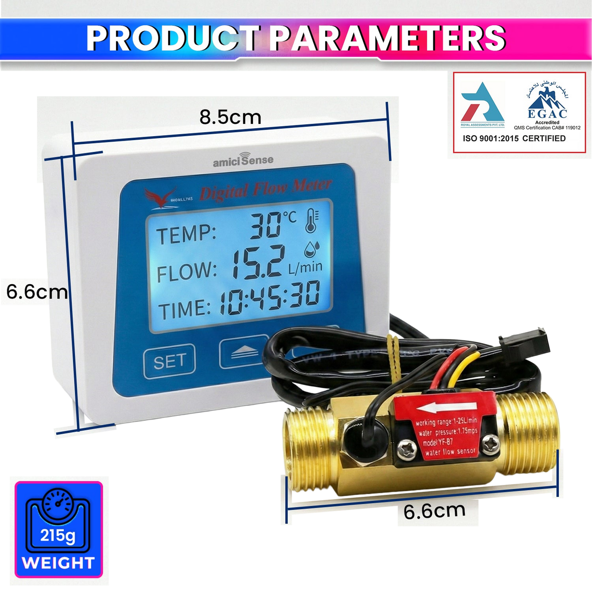 Digital Flow Meter for Water with LCD Display Real-Time Flow Rate, Temperature & Time Recording with Battery Indicator
