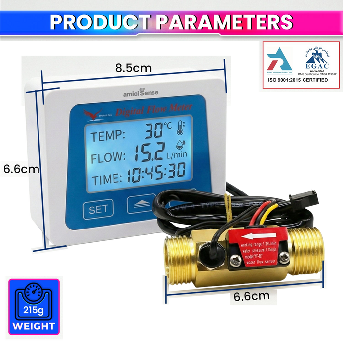 Digital Flow Meter for Water with LCD Display Real-Time Flow Rate, Temperature & Time Recording with Battery Indicator