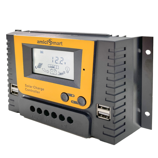 Solar Charge Controller, 4-Stage Intelligent Lithium Battery Regulator for Solar Panel with LCD Display & USB Port