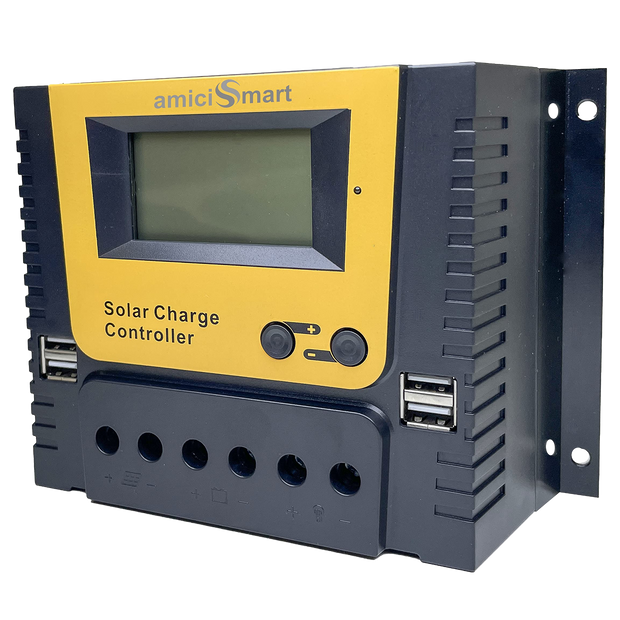 Solar Charge Controller, 4-Stage Intelligent Lithium Battery Regulator for Solar Panel with LCD Display & USB Port
