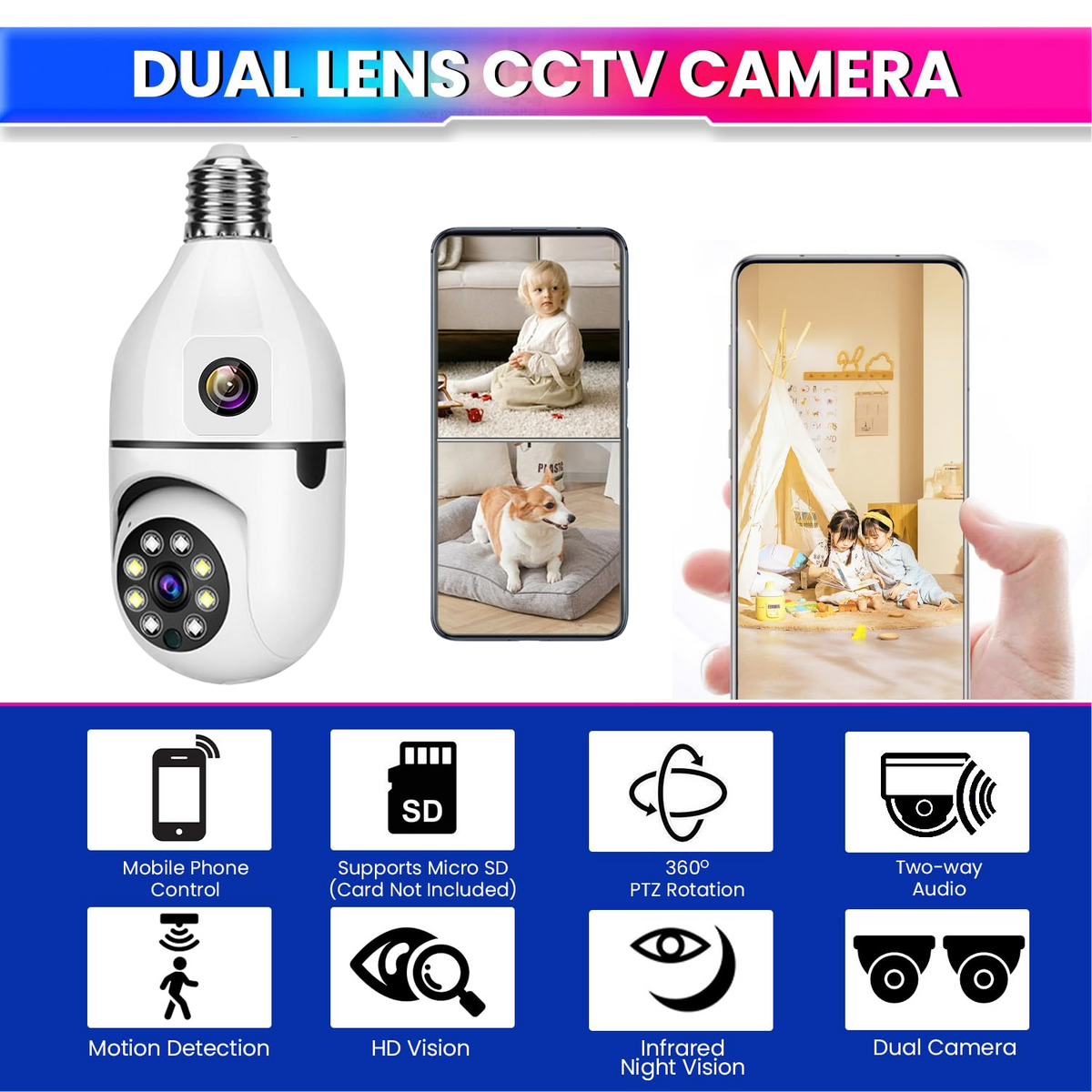 360°+90° Dual Lens CCTV Camera - Crystal Clear Night Vision, WiFi App Connectivity