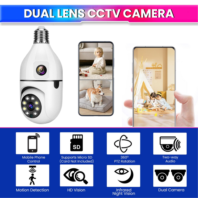 360°+90° Dual Lens CCTV Camera - Crystal Clear Night Vision, WiFi App Connectivity