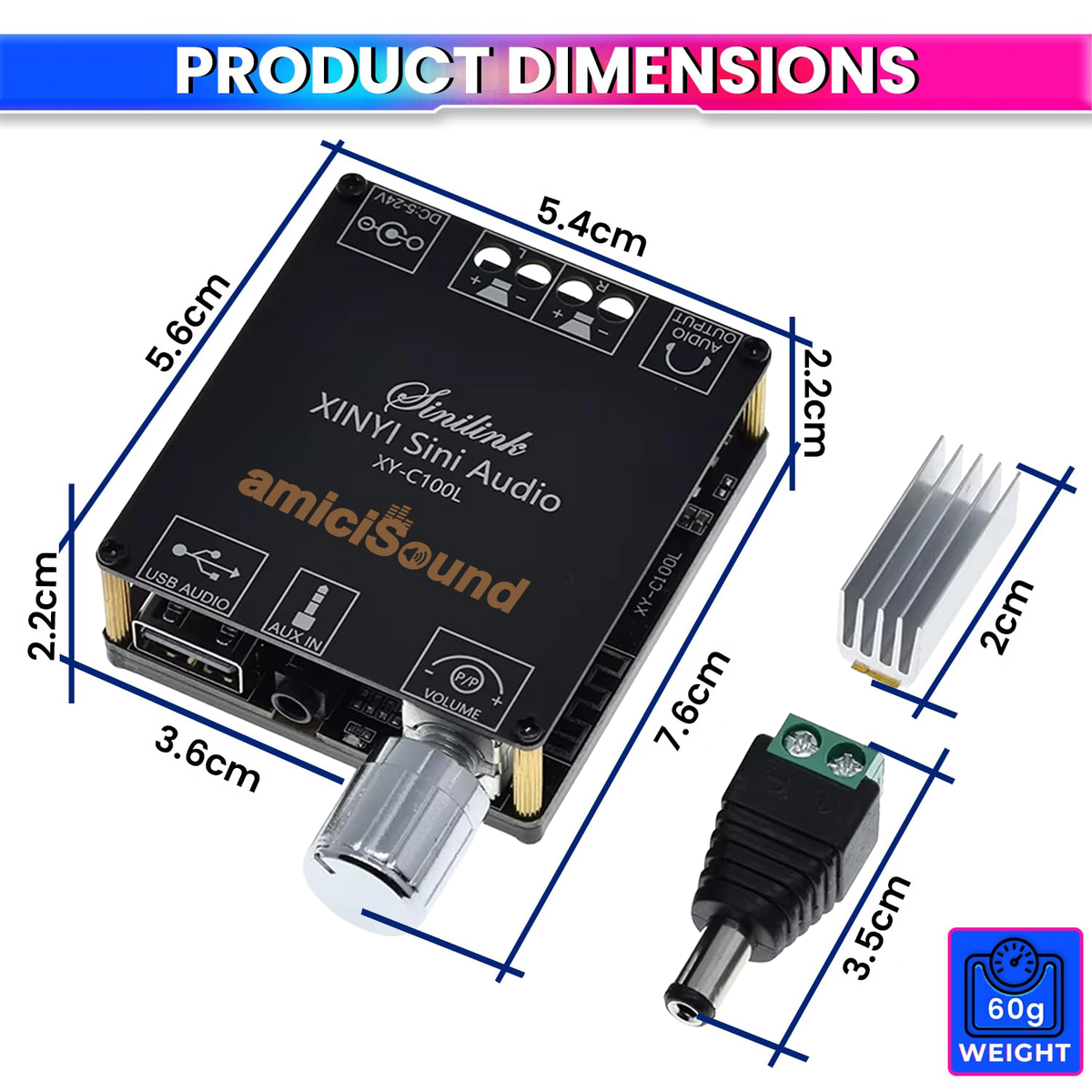Mini Wireless Bluetooth 5.0 Audio Amplifier – Dual Channel DIY Speaker Amplifier with AUX/USB/U-Disk Input