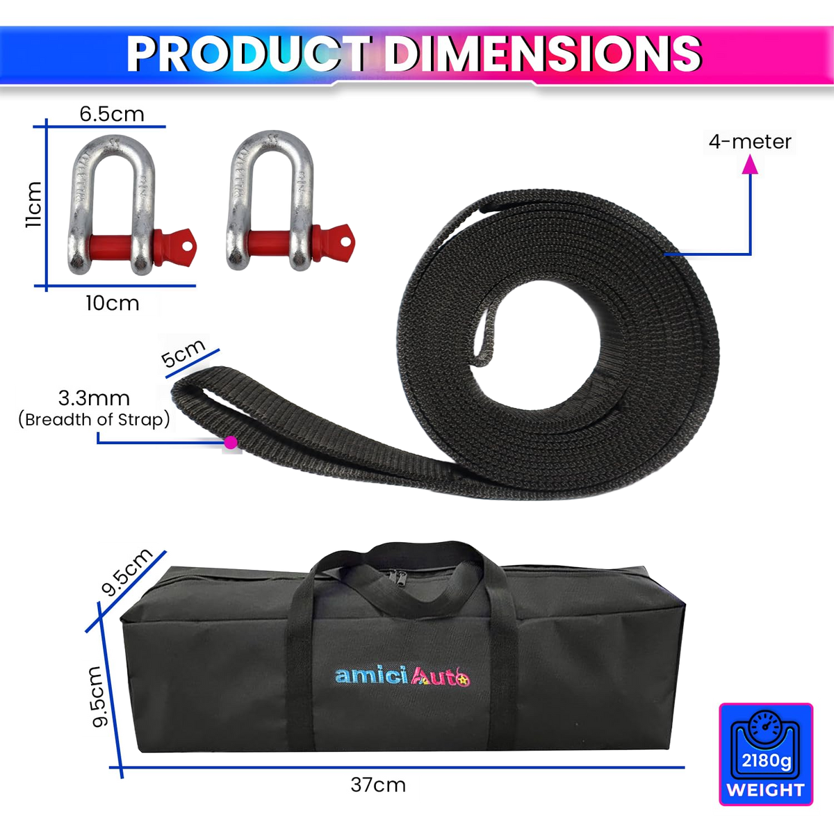 Heavy-Duty Tow Strap 4m Length, High-Strength Nylon Recovery Strap with Reinforced Loops