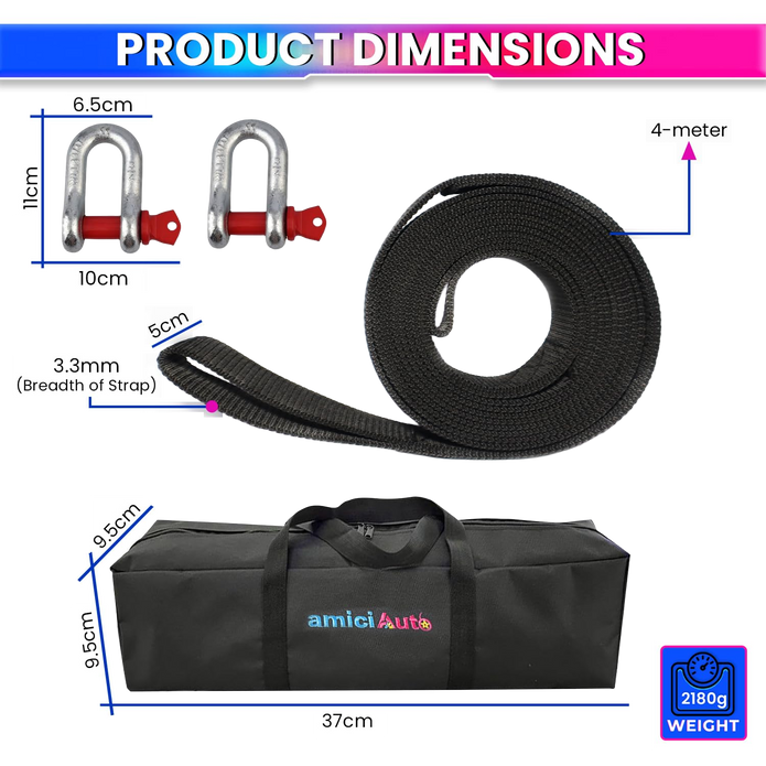 Heavy-Duty Tow Strap 4m Length, High-Strength Nylon Recovery Strap with Reinforced Loops