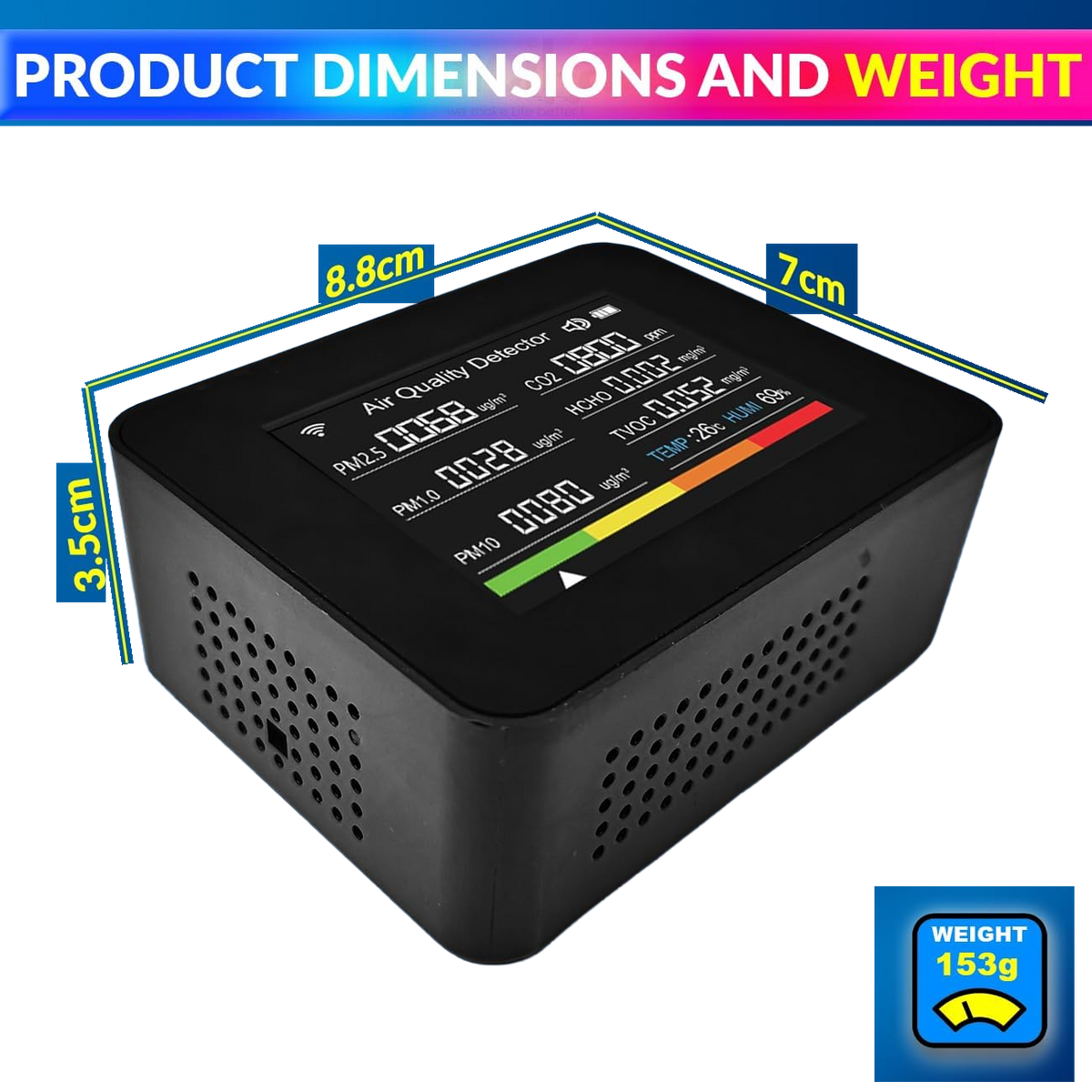 13-in-1 WiFi Smart Air Quality Monitor – CO2, Temp, Humidity Sensor with App Control Monitoring, Desktop Clock & Alarm