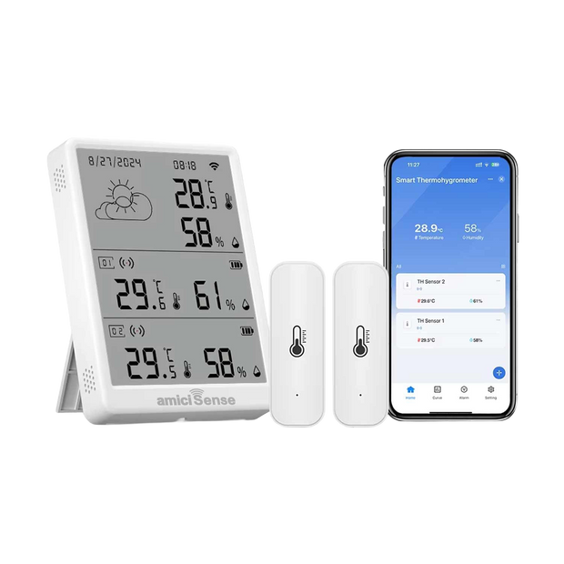 Digital Weather Station, Indoor/Outdoor Temperature and Humidity Monitoring Device with Dual External Sensors and Data Export Feature