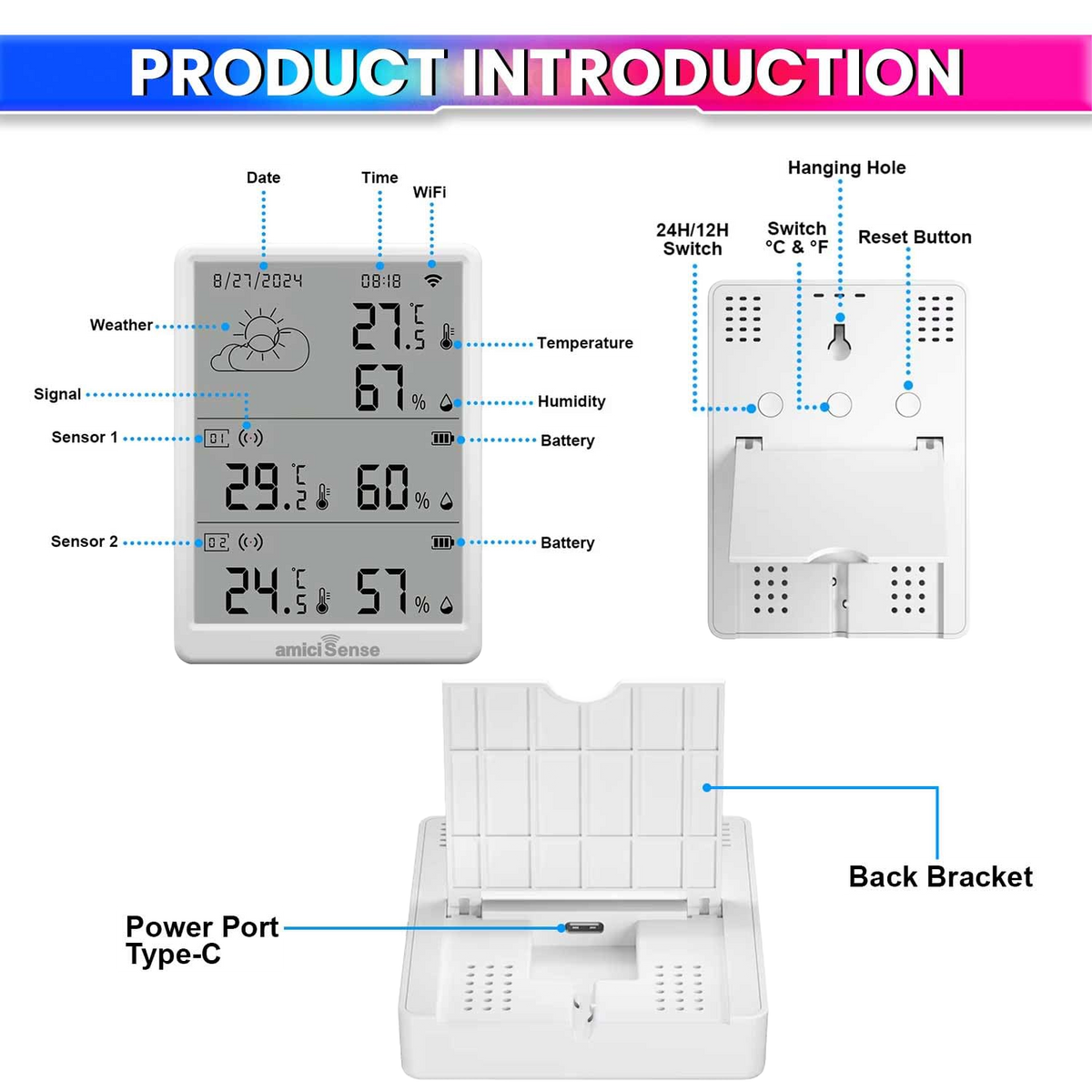 Digital Weather Station, Indoor/Outdoor Temperature and Humidity Monitoring Device with Dual External Sensors and Data Export Feature