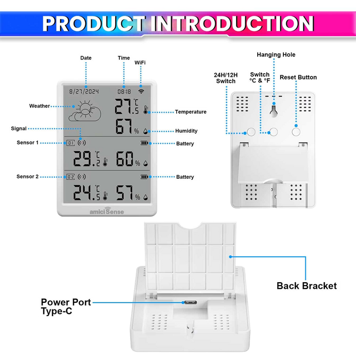 Digital Weather Station, Indoor/Outdoor Temperature and Humidity Monitoring Device with Dual External Sensors and Data Export Feature